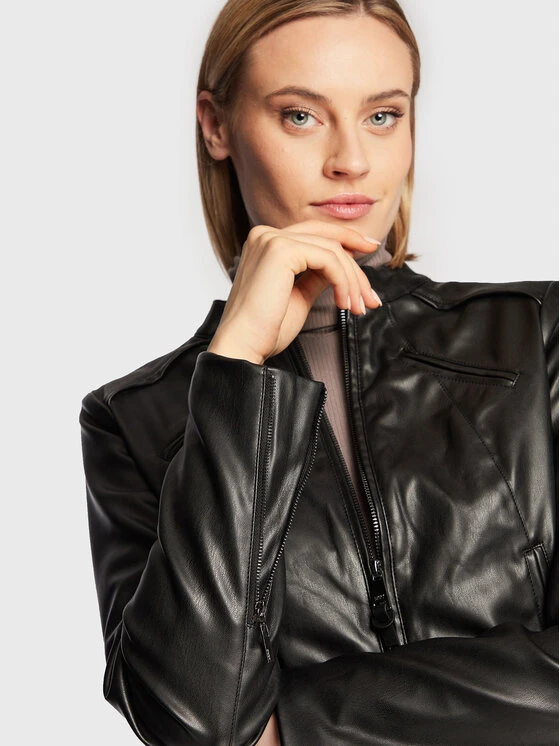 Το φθηνότερο 😍 DKNY Γυναίκες Δερμάτινα Μπουφάν Μπουφάν από απομίμηση δέρματος DD2G4336 Μαύρο Regular Fit ⌛ - Image 4